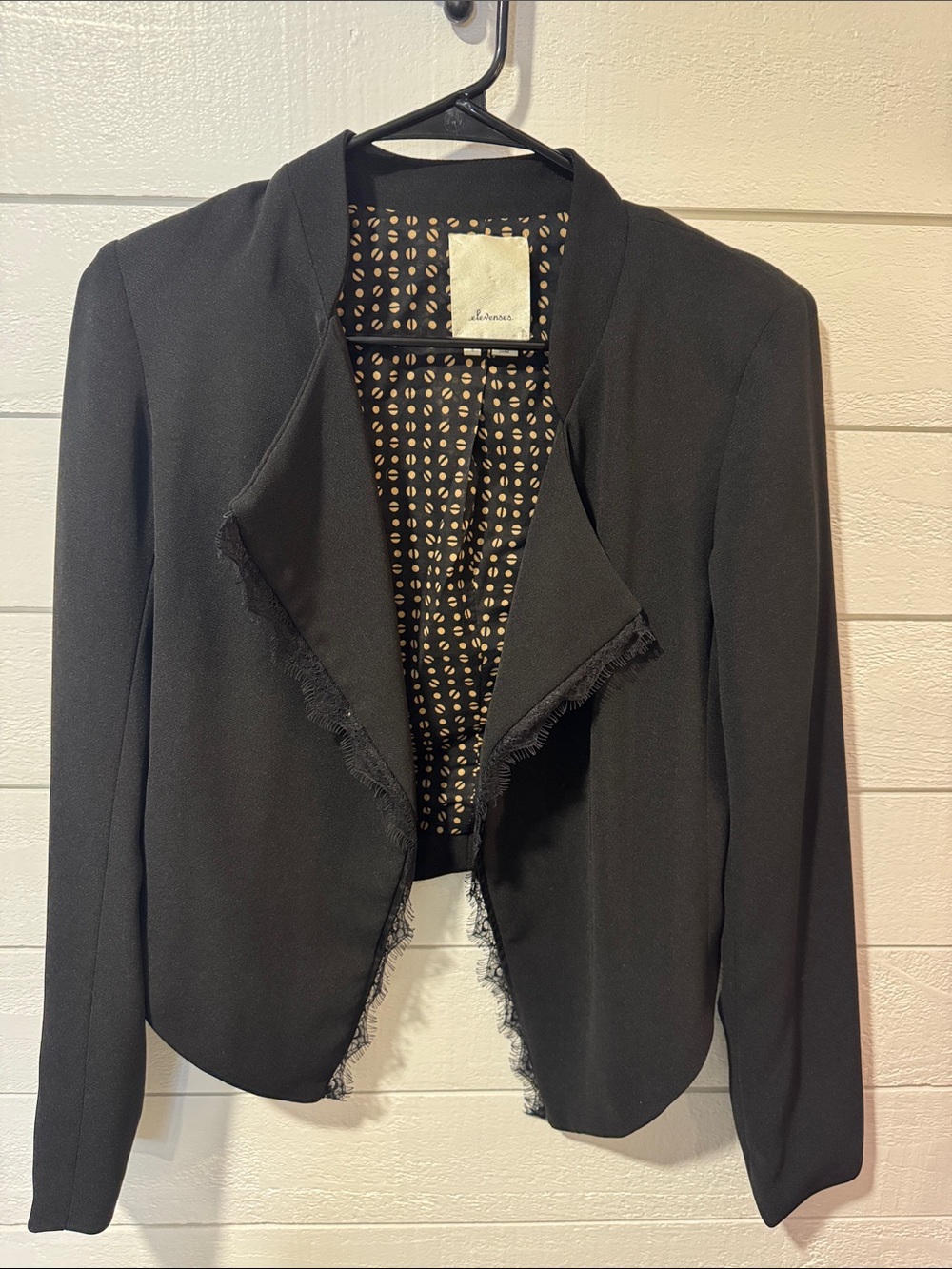 ELEVENSES Black Women's Open-Front Lace-Fringed Blazer Jacket- small